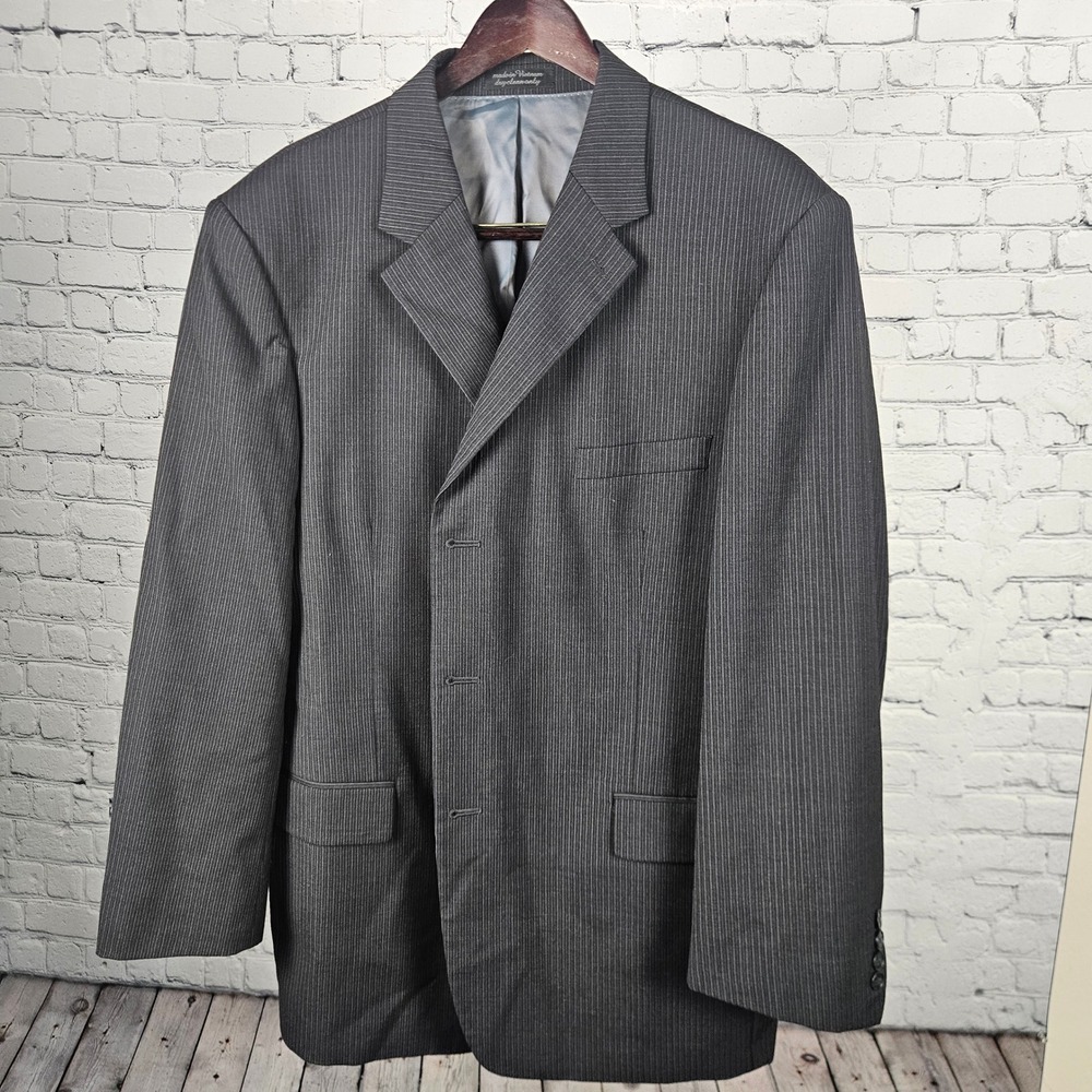 Fumagalli Mens 46R Blazer‎ Worsted Wool Pinstripe Charcoal Grey 3 Button Jacket